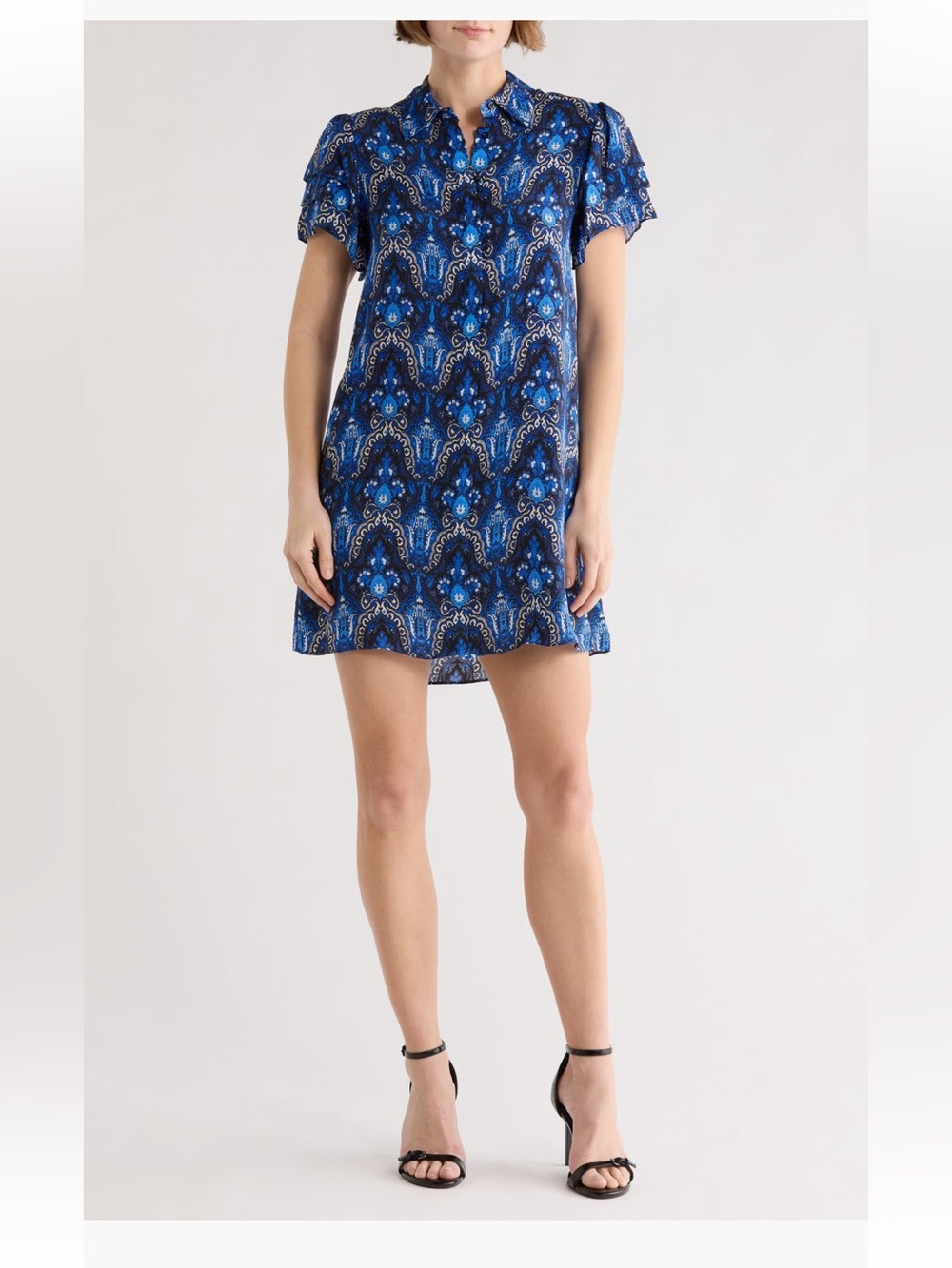 Alice + Olivia Blue Patterned Short-Sleeve Shift Dress